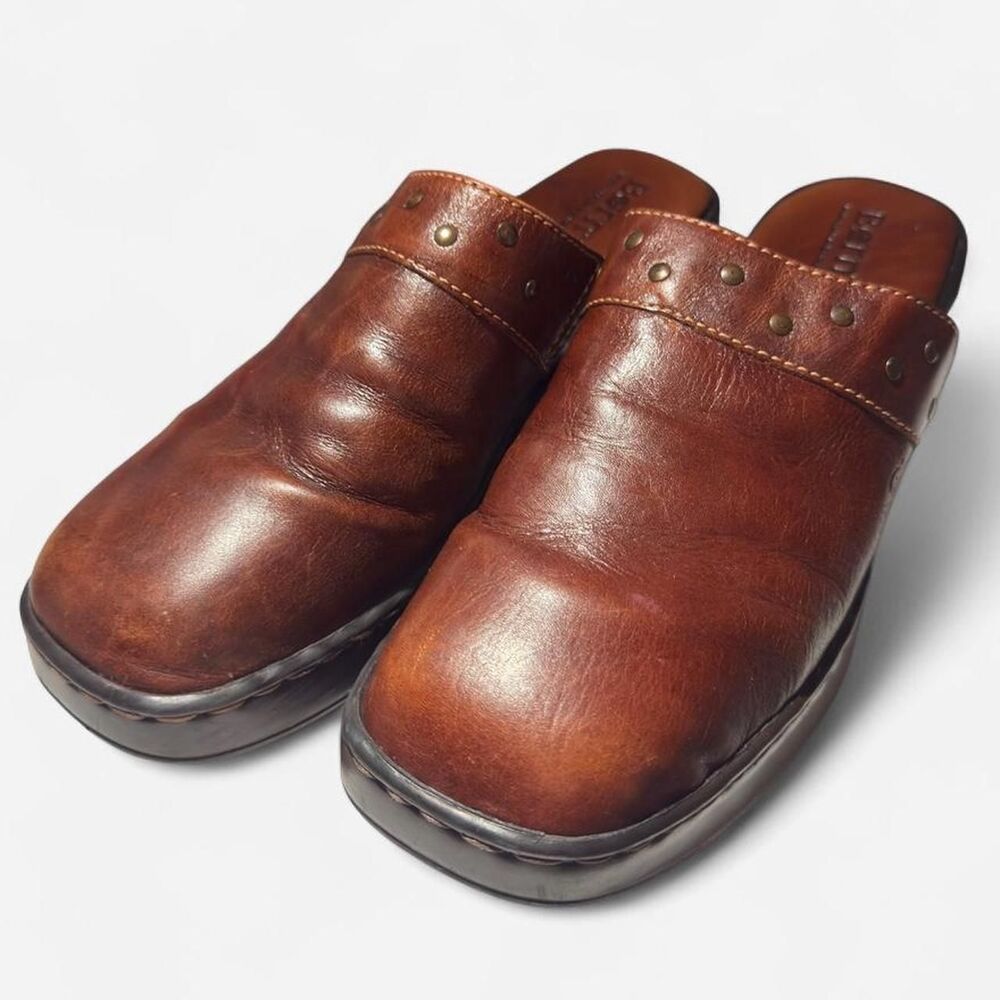 Børn Brown Genuine Leather Clog Mules Brass Stud Comfort Shoes - Picture 2 of 6